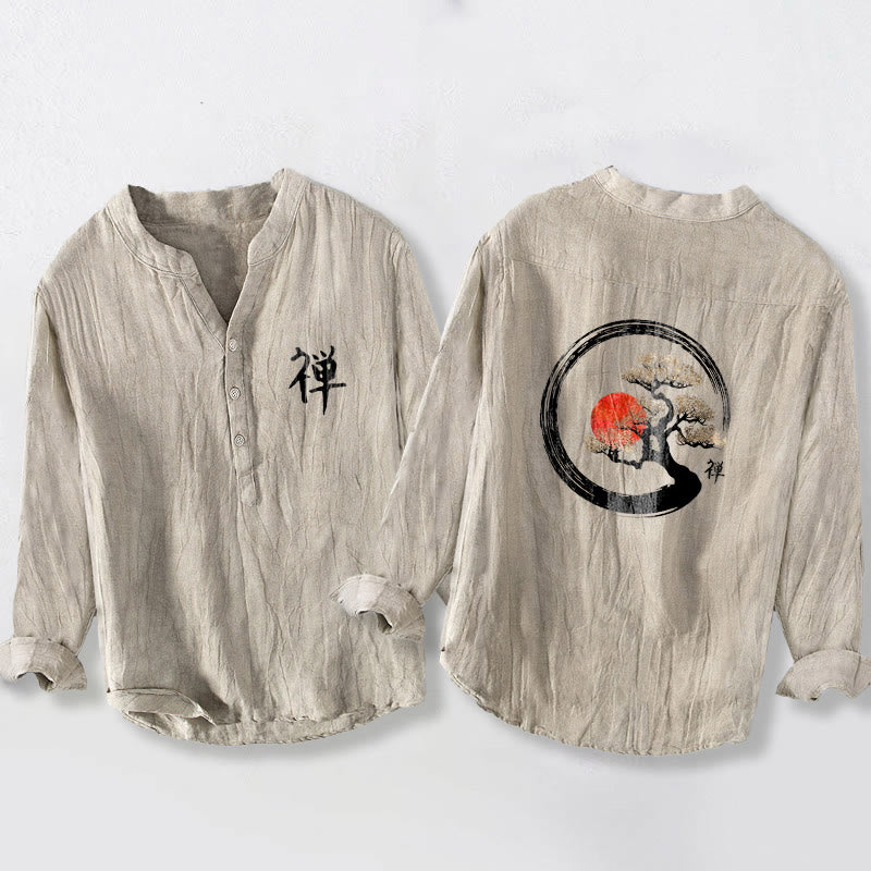 Zen Character Pine Tree Sun Pattern Half Buttons Men's Cotton Linen Long Sleeve Shirt