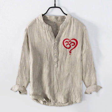 Cotton Linen Stand Collar Om Symbol Meditation Shirt