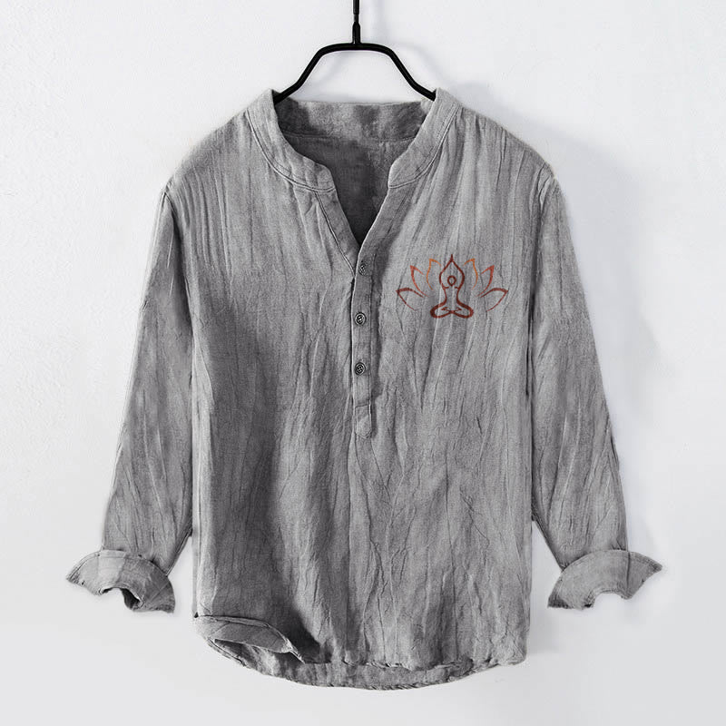 Cotton Linen Stand Collar Mindful Lotus Long Sleeve Shirt