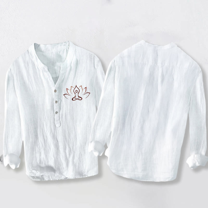Cotton Linen Stand Collar Mindful Lotus Long Sleeve Shirt