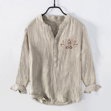 Cotton Linen Stand Collar Mindful Lotus Long Sleeve Shirt