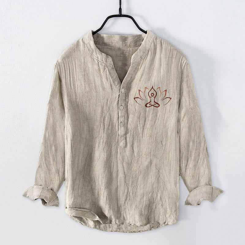 Cotton Linen Stand Collar Mindful Lotus Long Sleeve Shirt