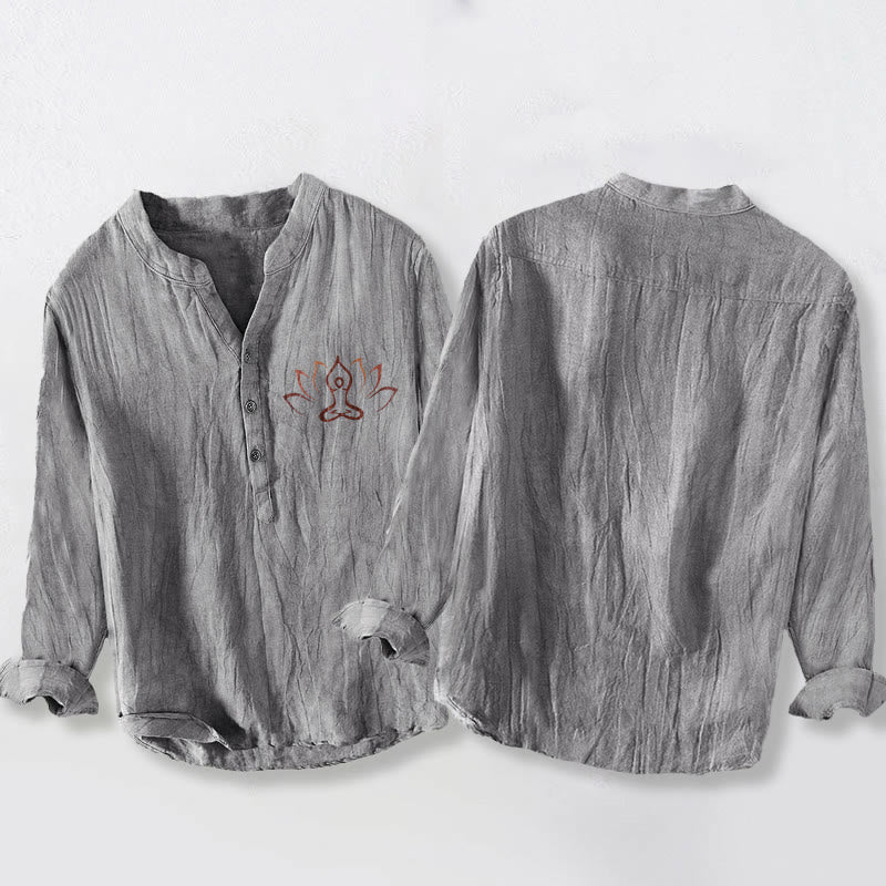 Cotton Linen Stand Collar Mindful Lotus Long Sleeve Shirt