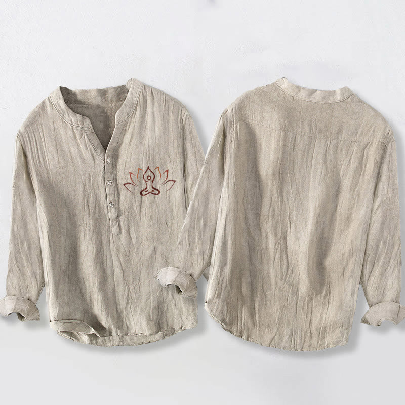 Cotton Linen Stand Collar Mindful Lotus Long Sleeve Shirt