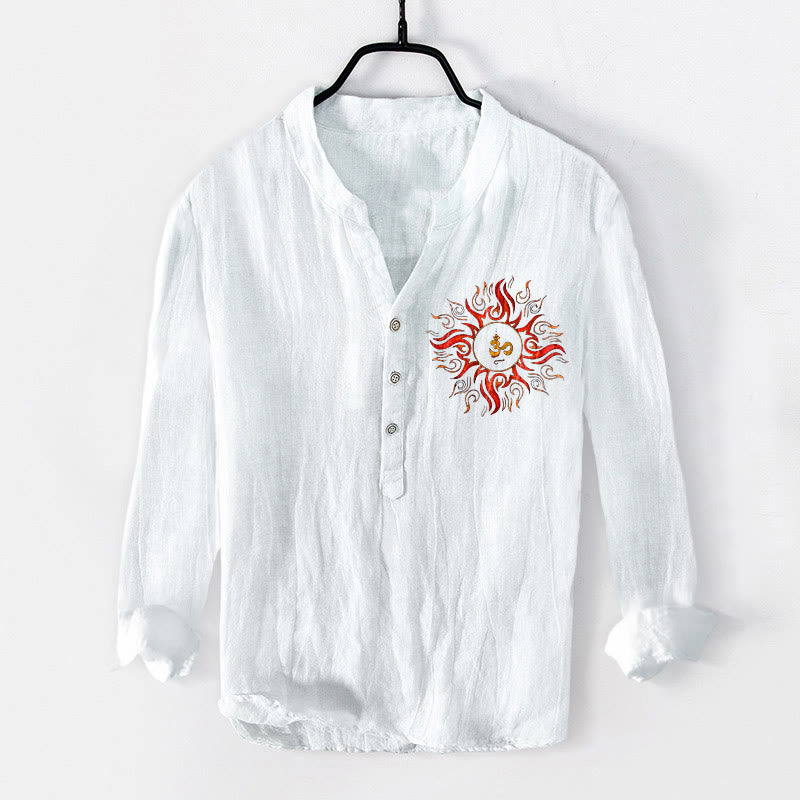 Breathable Cotton Linen Om Motif Stand Collar Meditation Shirt