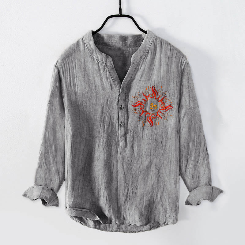 Breathable Cotton Linen Om Motif Stand Collar Meditation Shirt