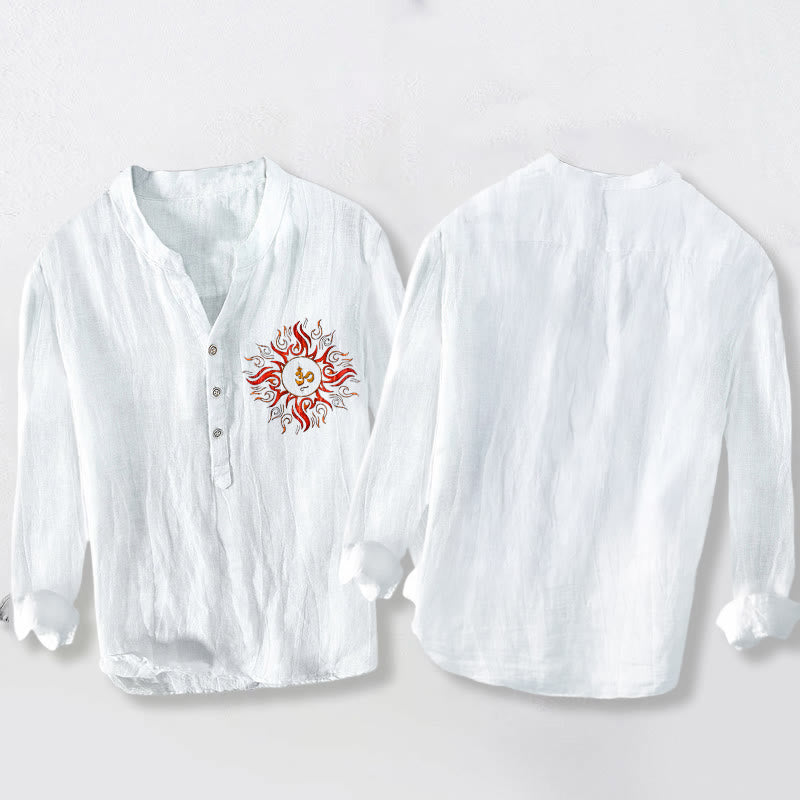 Breathable Cotton Linen Om Motif Stand Collar Meditation Shirt