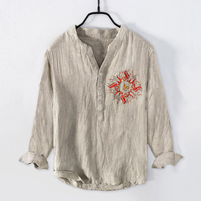 Breathable Cotton Linen Om Motif Stand Collar Meditation Shirt