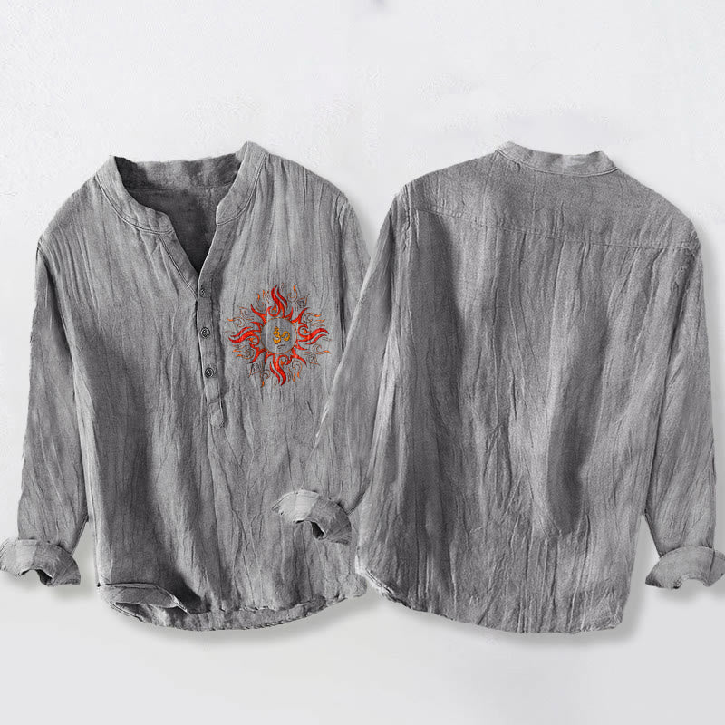 Breathable Cotton Linen Om Motif Stand Collar Meditation Shirt