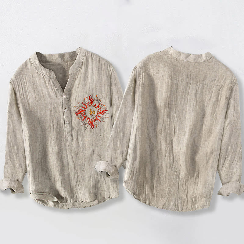 Breathable Cotton Linen Om Motif Stand Collar Meditation Shirt