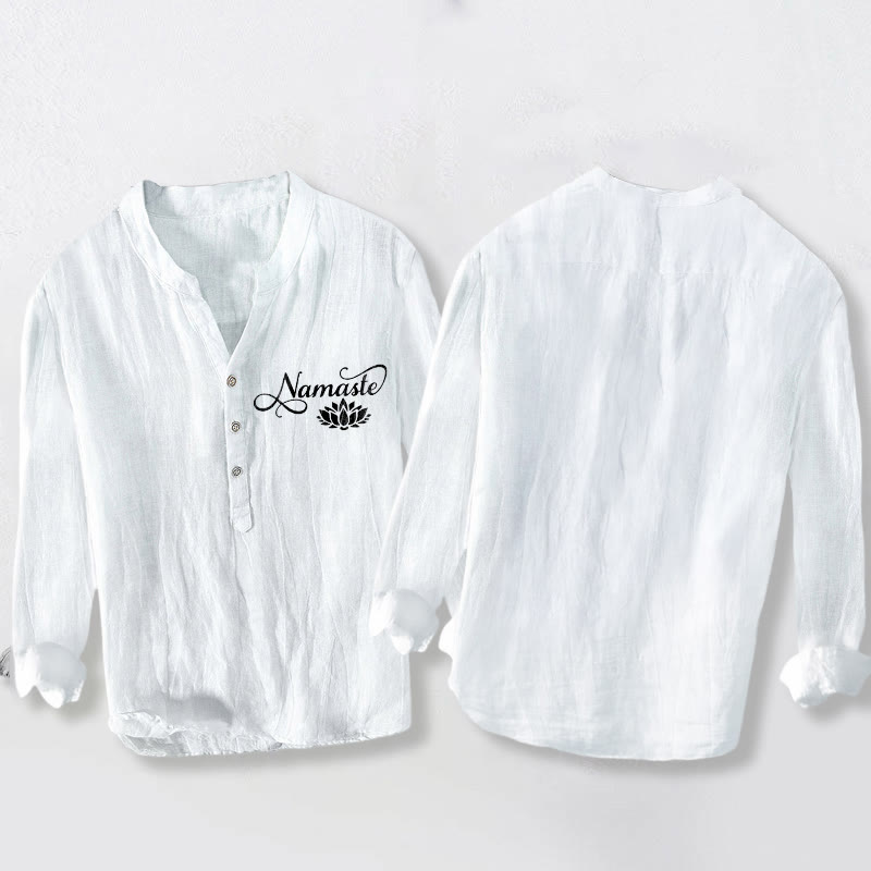 "Namaste" Lotus Flower Half Buttons Design Long Sleeve Men's Cotton Linen Shirt