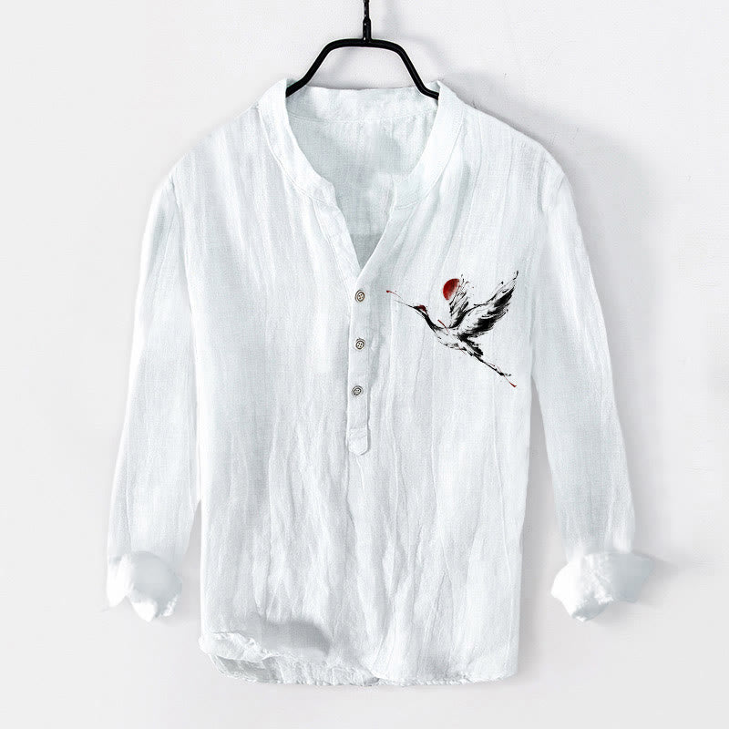 Cotton Linen Stand Collar Crane Print Meditation Shirt