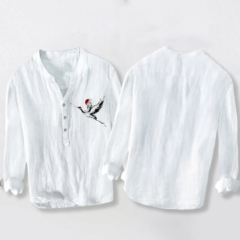 Cotton Linen Stand Collar Crane Print Meditation Shirt