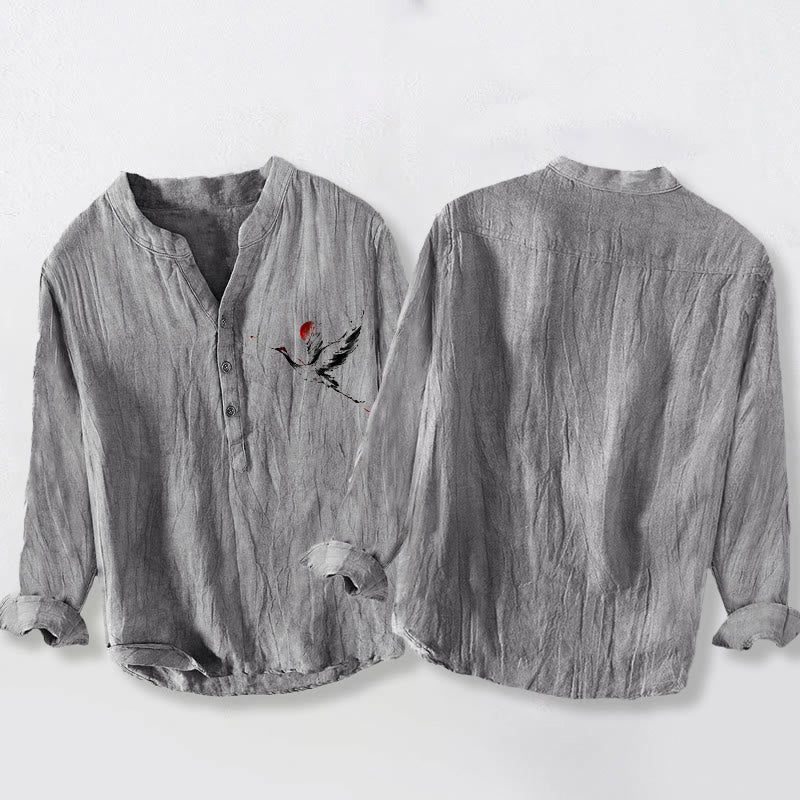 Cotton Linen Stand Collar Crane Print Meditation Shirt