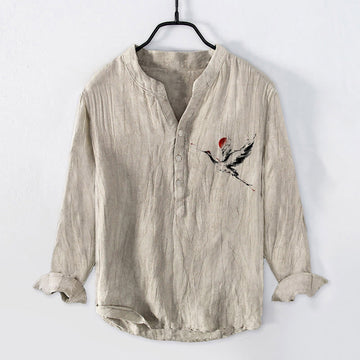 Cotton Linen Stand Collar Crane Print Meditation Shirt