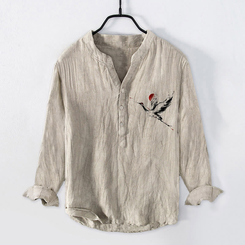 Cotton Linen Stand Collar Crane Print Meditation Shirt