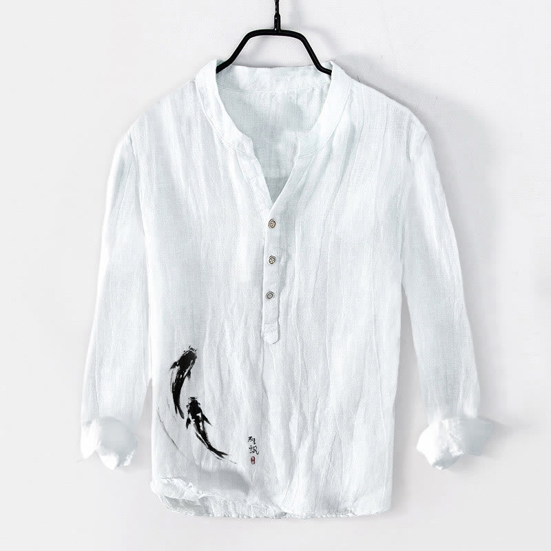 Two Koi Fish Pattern Half Buttons Men's Cotton Linen Long Sleeve Shirt