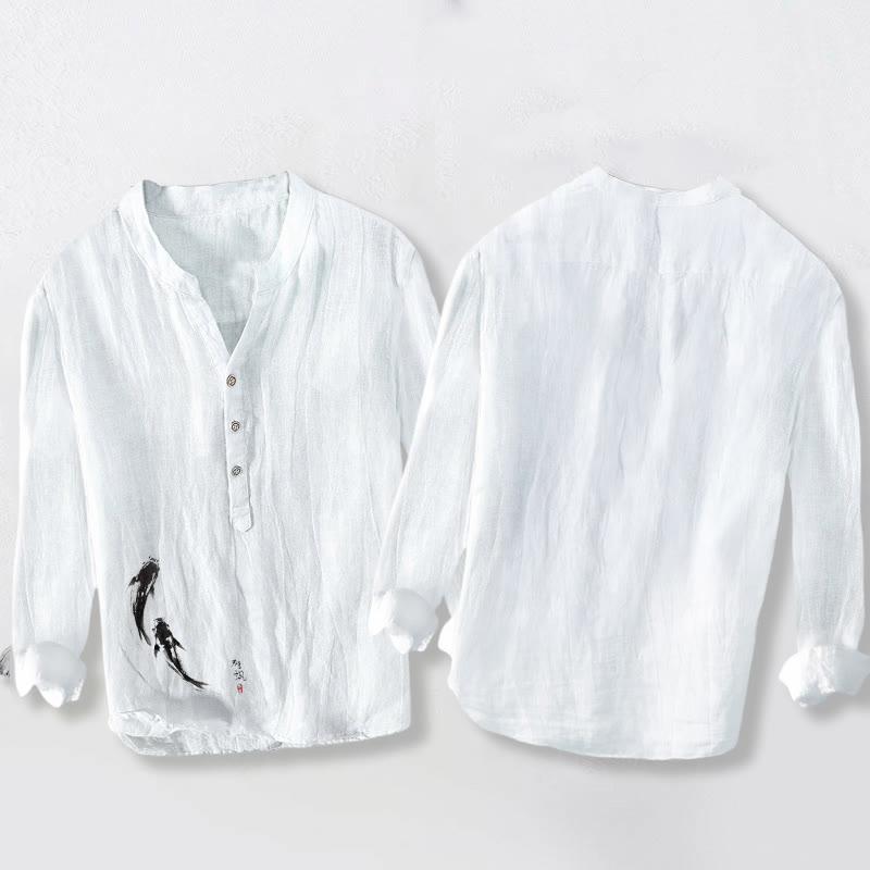 Two Koi Fish Pattern Half Buttons Men's Cotton Linen Long Sleeve Shirt