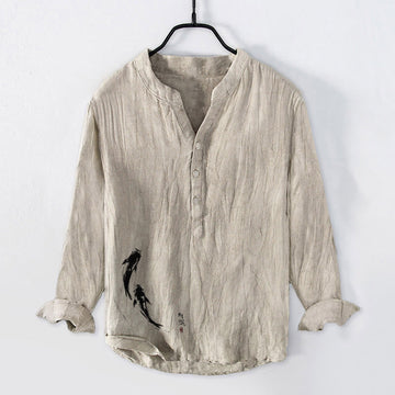 Two Koi Fish Pattern Half Buttons Men's Cotton Linen Long Sleeve Shirt