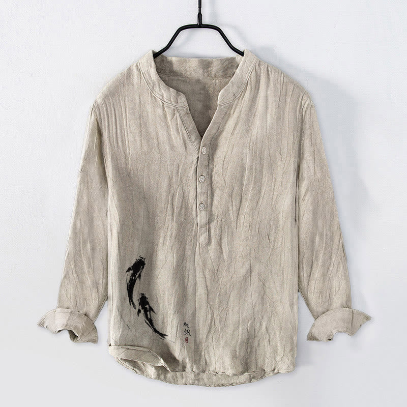 Two Koi Fish Pattern Half Buttons Men's Cotton Linen Long Sleeve Shirt