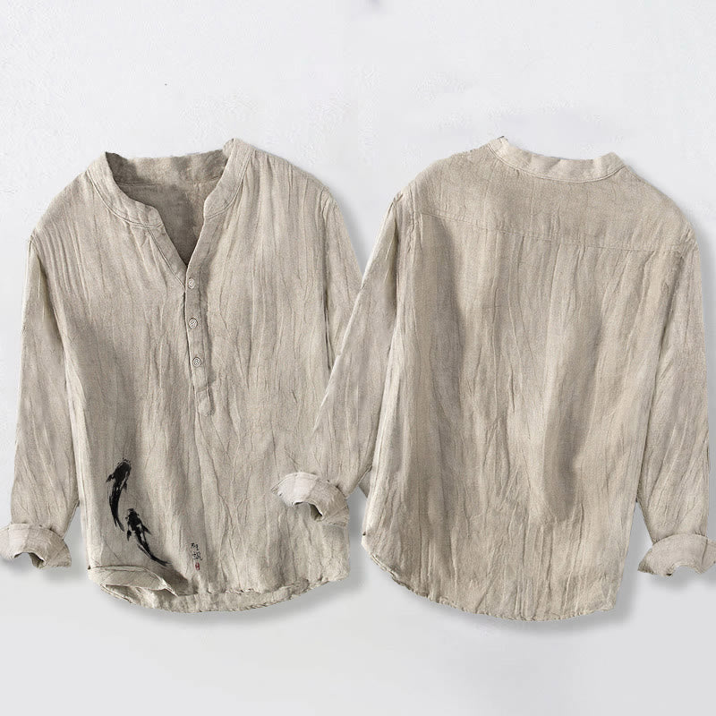 Two Koi Fish Pattern Half Buttons Men's Cotton Linen Long Sleeve Shirt