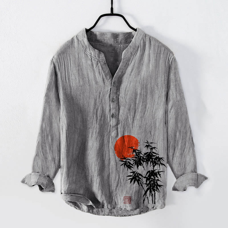 Cotton Linen Stand Collar Bamboo Print Mindful Long-Sleeve Shirt