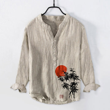 Cotton Linen Stand Collar Bamboo Print Mindful Long-Sleeve Shirt