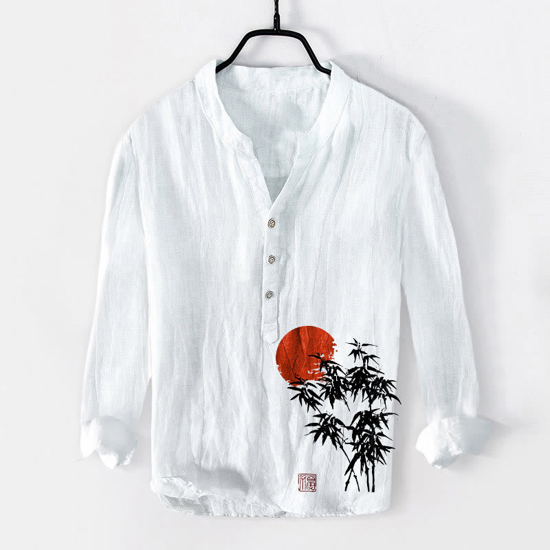 Cotton Linen Stand Collar Bamboo Print Mindful Long-Sleeve Shirt