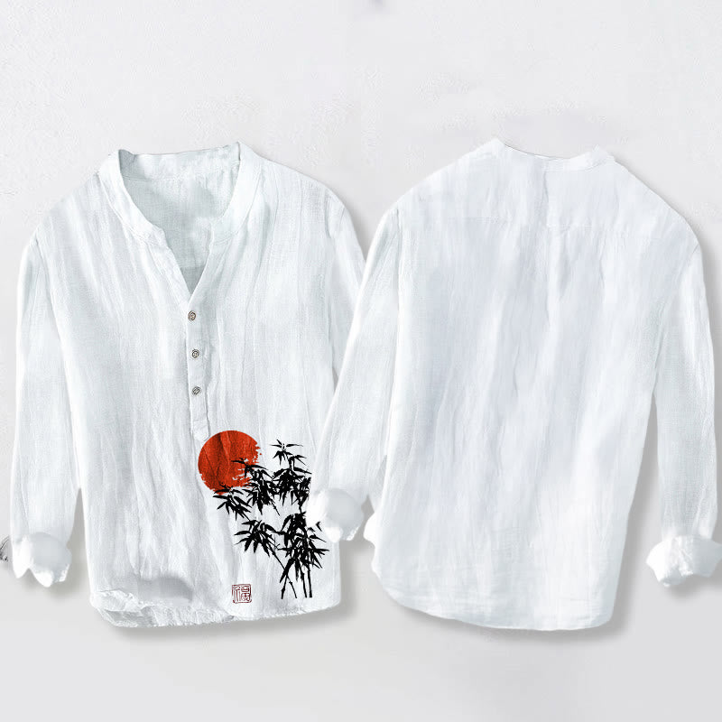 Cotton Linen Stand Collar Bamboo Print Mindful Long-Sleeve Shirt