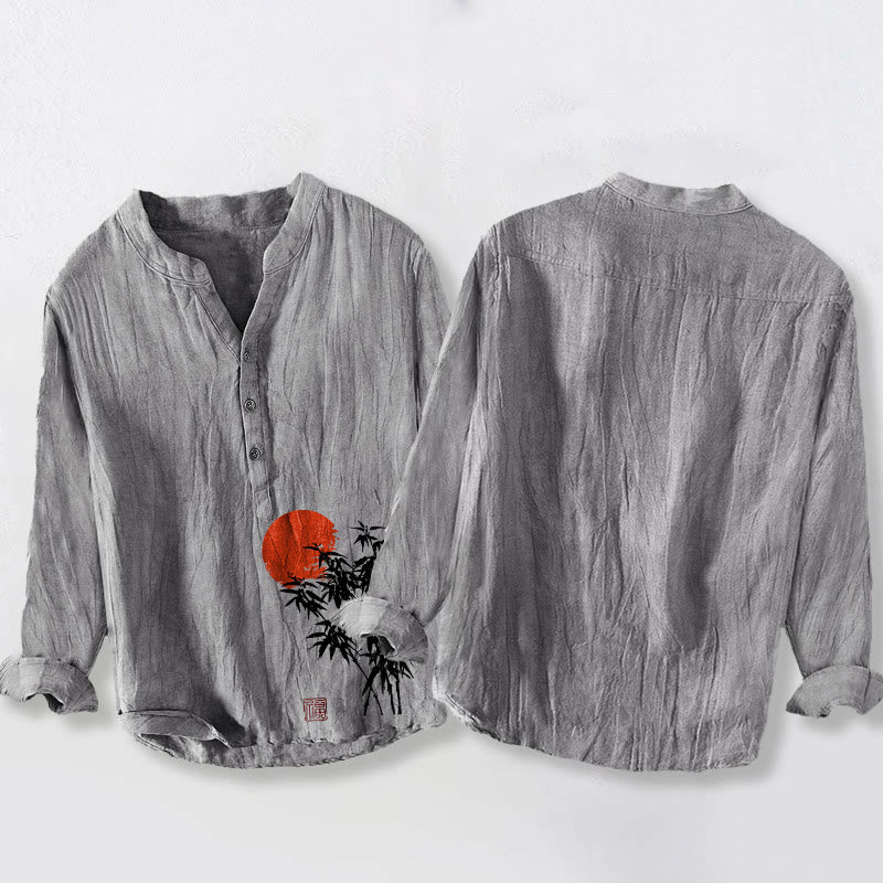 Cotton Linen Stand Collar Bamboo Print Mindful Long-Sleeve Shirt