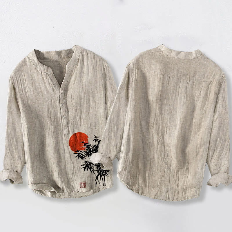 Cotton Linen Stand Collar Bamboo Print Mindful Long-Sleeve Shirt