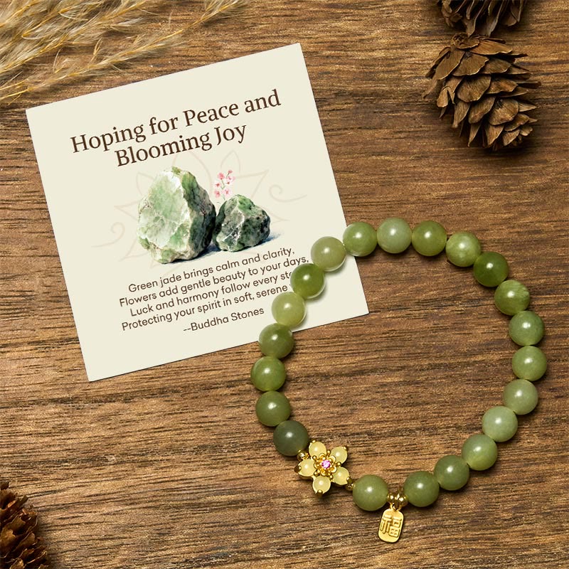 "Hoping for Peace and Blooming Joy" Green Jade Bracelet Includes Gift Message Card