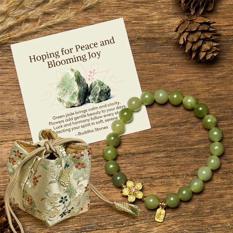 "Hoping for Peace and Blooming Joy" Green Jade Bracelet Includes Gift Message Card