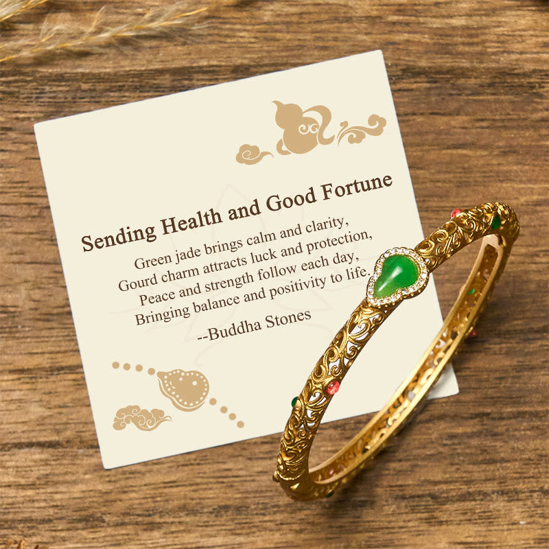"Sending Health and Good Fortune" Cyan Jade Copper Bangle Includes Gift Message Card