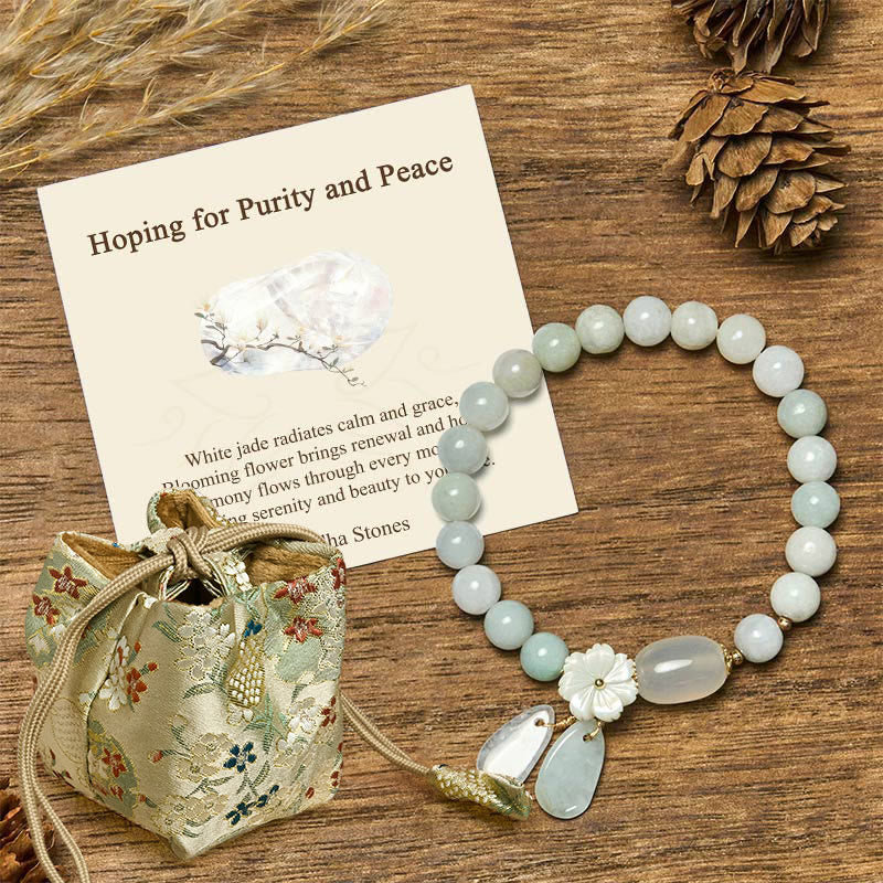 "Hoping for Purity and Peace"Natural White Jade Bracelet Includes Gift Message Card