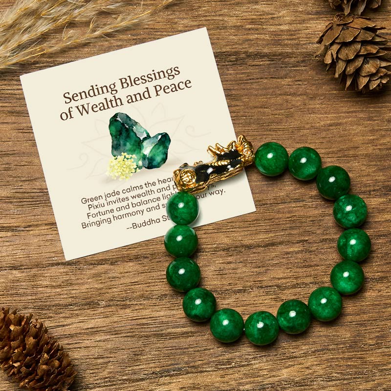 "Sending Blessings of Wealth and Peace" PiXiu Jade Bracelet Includes Gift Message Card