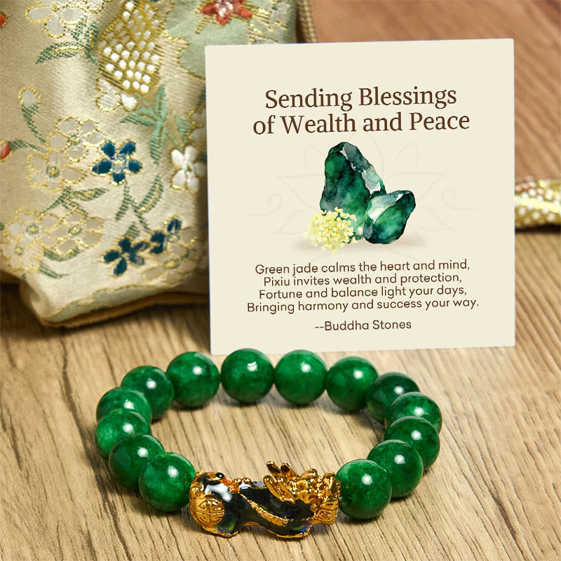 "Sending Blessings of Wealth and Peace" PiXiu Jade Bracelet Includes Gift Message Card