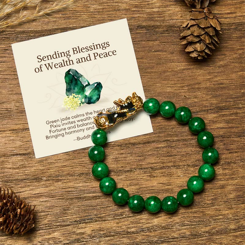 "Sending Blessings of Wealth and Peace" PiXiu Jade Bracelet Includes Gift Message Card