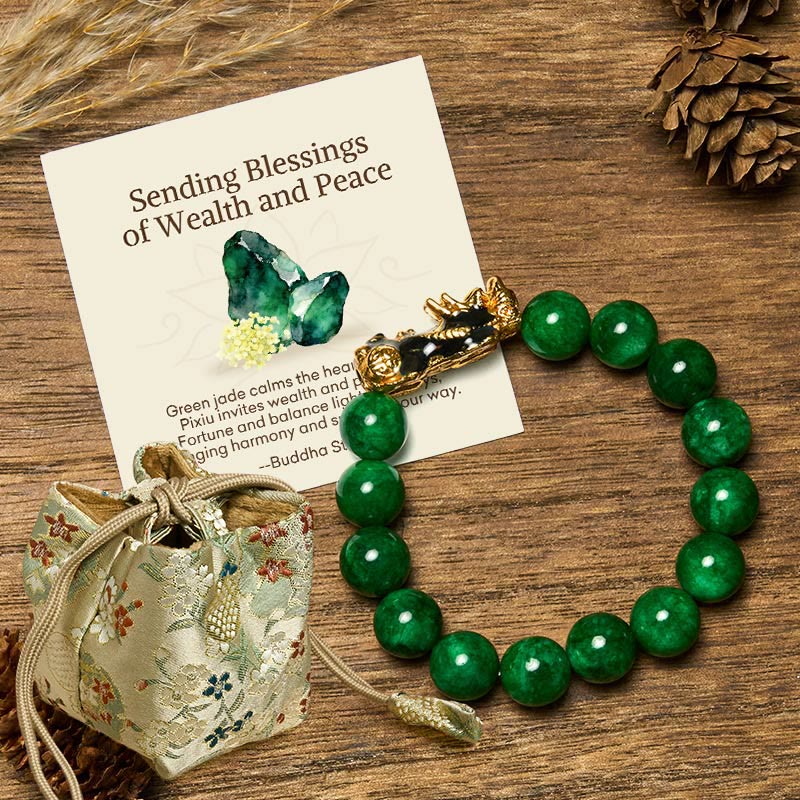 "Sending Blessings of Wealth and Peace" PiXiu Jade Bracelet Includes Gift Message Card
