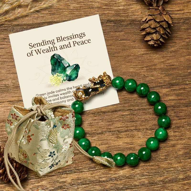 "Sending Blessings of Wealth and Peace" PiXiu Jade Bracelet Includes Gift Message Card