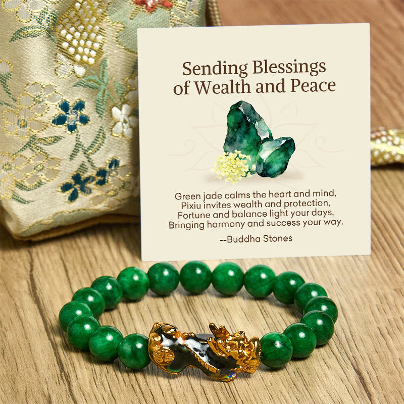 "Sending Blessings of Wealth and Peace" PiXiu Jade Bracelet Includes Gift Message Card