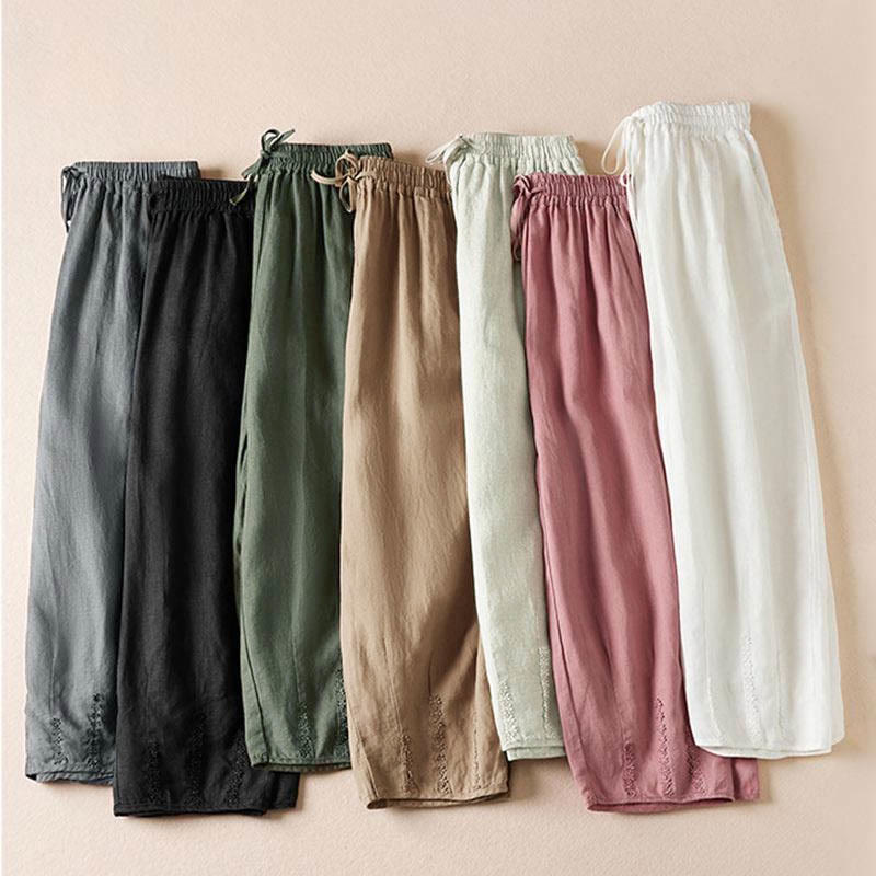Summer Small Flower Embroidery Harem Pants With Pockets