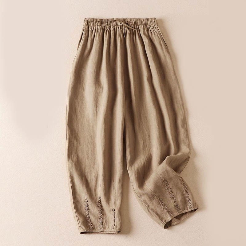 Summer Small Flower Embroidery Harem Pants With Pockets
