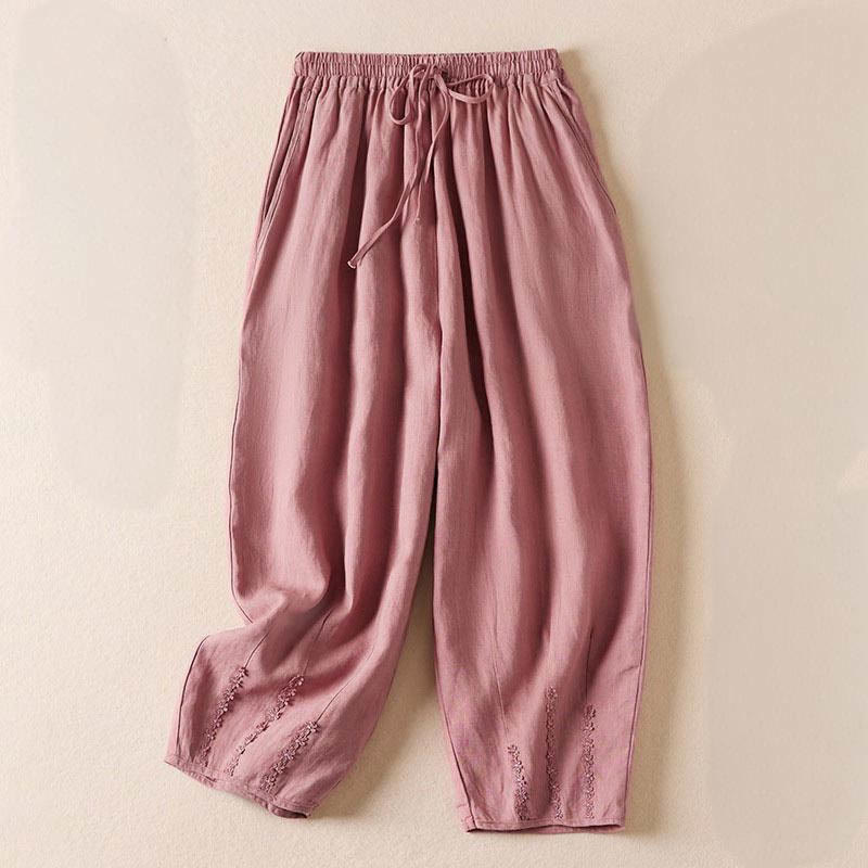 Summer Small Flower Embroidery Harem Pants With Pockets