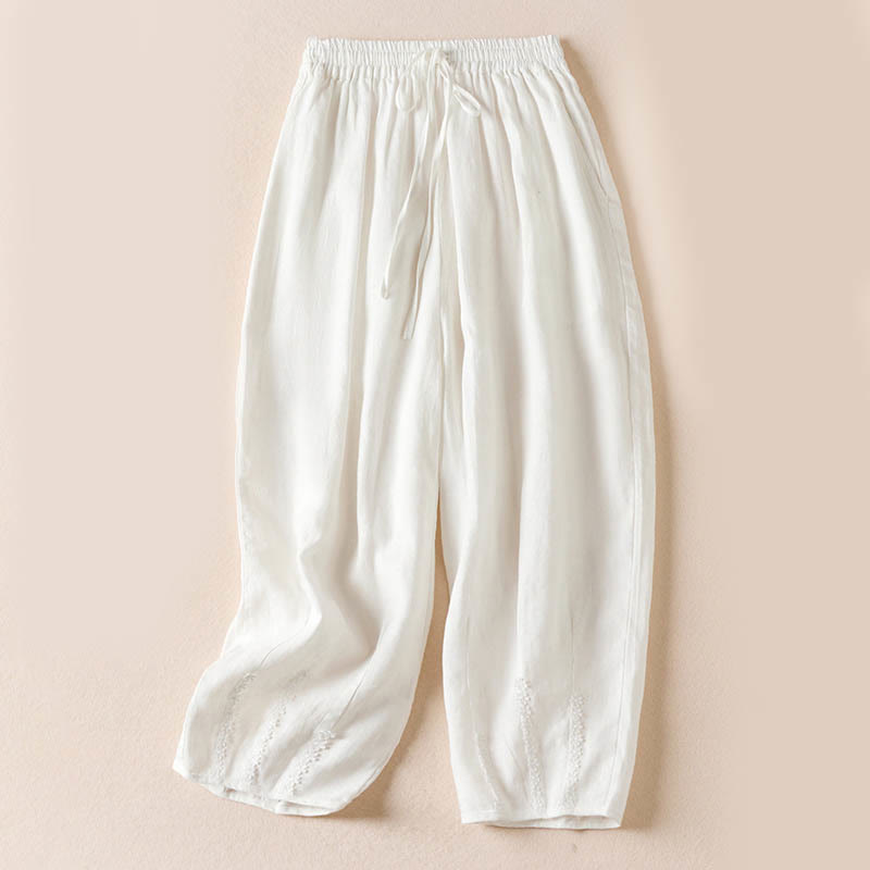 Summer Small Flower Embroidery Harem Pants With Pockets