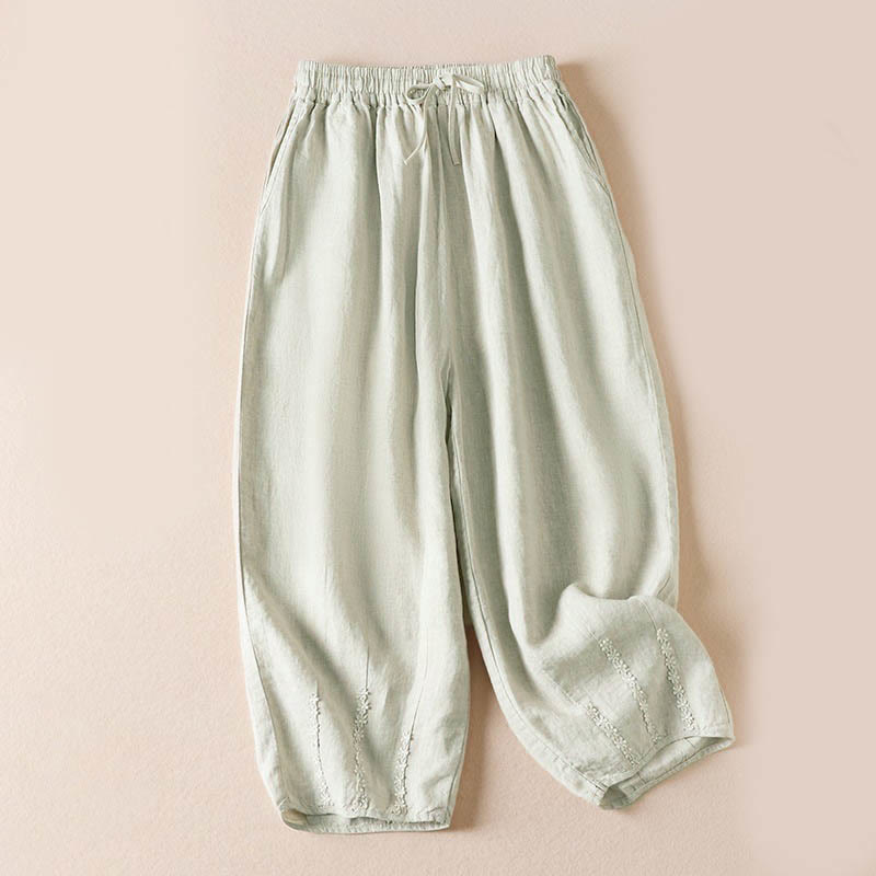 Summer Small Flower Embroidery Harem Pants With Pockets