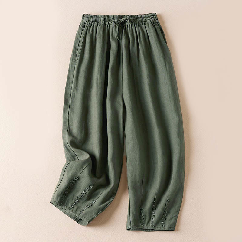 Summer Small Flower Embroidery Harem Pants With Pockets