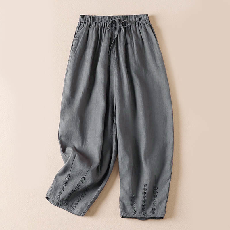 Summer Small Flower Embroidery Harem Pants With Pockets