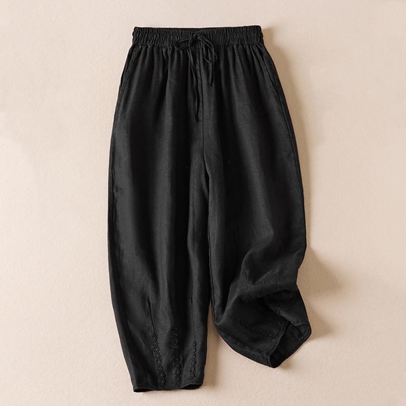 Summer Small Flower Embroidery Harem Pants With Pockets