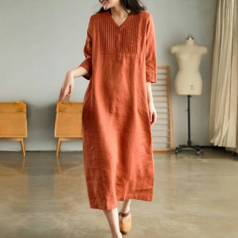 Casual Plain Accordion Pleats V-neck Half Sleeve Design Midi Dress With Pockets